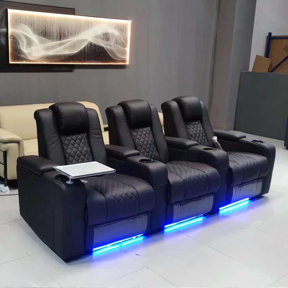 Linlamlim Leather Sofa Seating Room with Dual Motors, Massage, Electric Reclining and Refrigeration Cup Holder Theater 3 Seaters