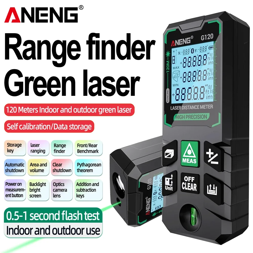 ANENG G50/G70/G100/G120 Green Laser Distance Meter Autonomous Benchmark Rangefinder 0.5~1 Second Flash Test Diastimeter Tools