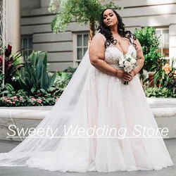 Plus Size Wedding Dress Woman Bride Dresses 2024 V Neck Sleeveless Sequined Applique A Line Big Women Bridal Gown Vestido Noiva