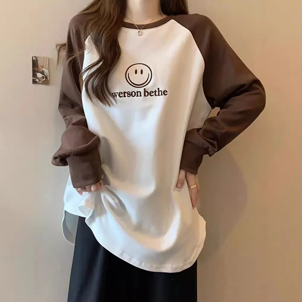 Large Size Women's Clothing Autumn And Winter New Loose Contrasting Colors To Keep Warm Inside And Outside Long-sleeved T-shirt
