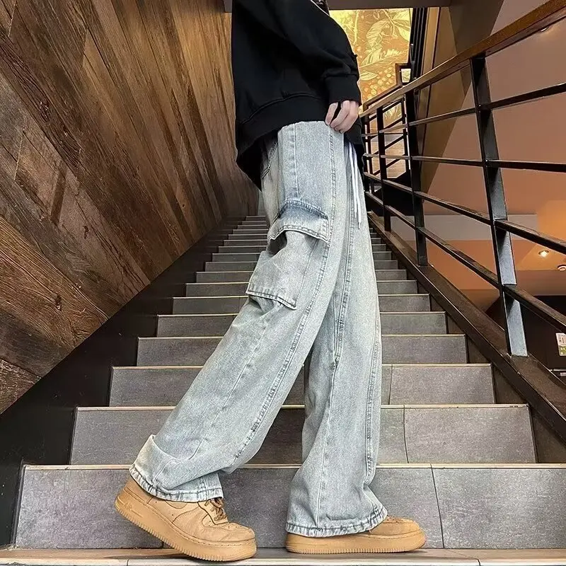 メンズワイドレッグデニムパンツ 2025 春秋 ヴィンテージ風 ゴムウエスト サイドポケットデザイン ジーンズ 多用途 カジュアル ルーズ ロングパンツ