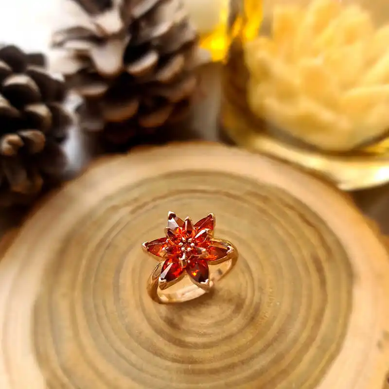 Silver Red Lotus Flower Ring