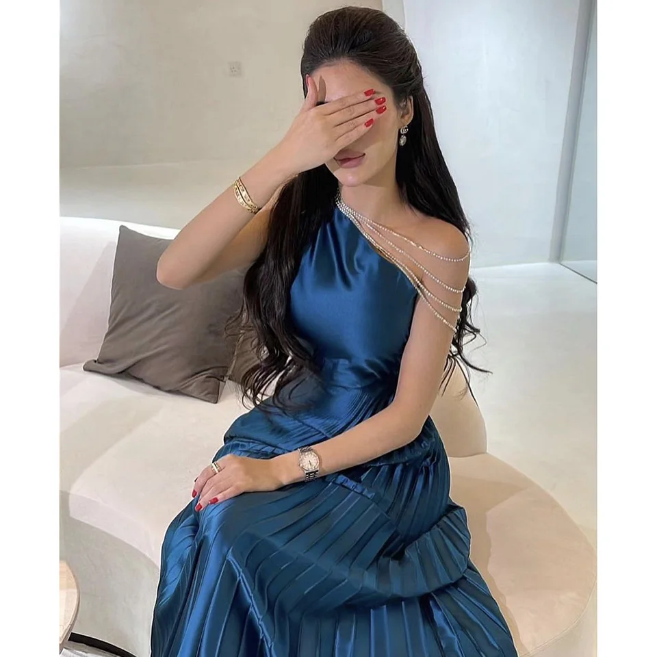 Charming Navy Blue One-Shoulder Beaded Evening Dress 2025 A-Line Floor Length Sleeveless Stain Zipper Custom Made Formal Gown