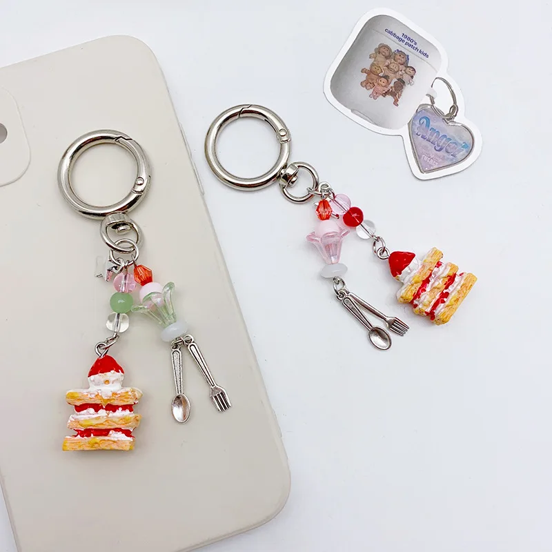 Summer Kawaii Dessert Pendant Ice Cream Spoon Fork Charm for Bag Cute Mini Food Keychain AirPods Accessories Trinket for Girls