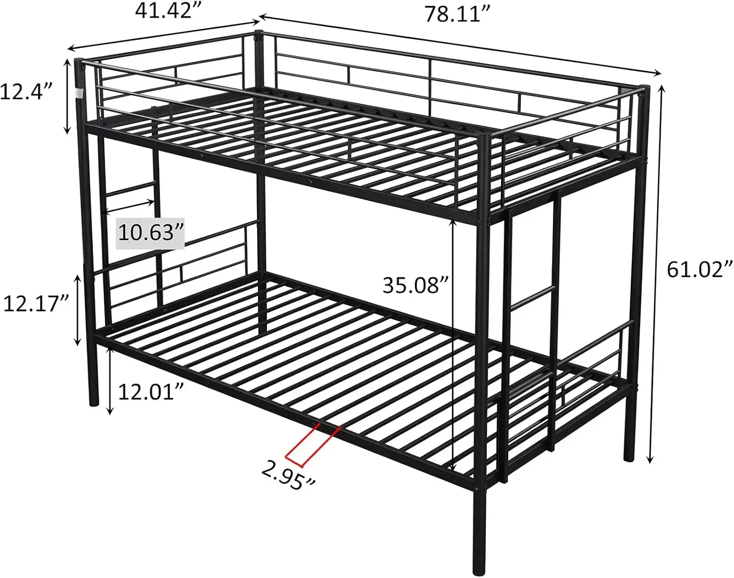 Metalen stapelbed Twin Over Twin Stevige, robuuste stapelbedden met 2 zijladders, ruimtebesparend, geen boxspring nodig, voor jongensmeisjes