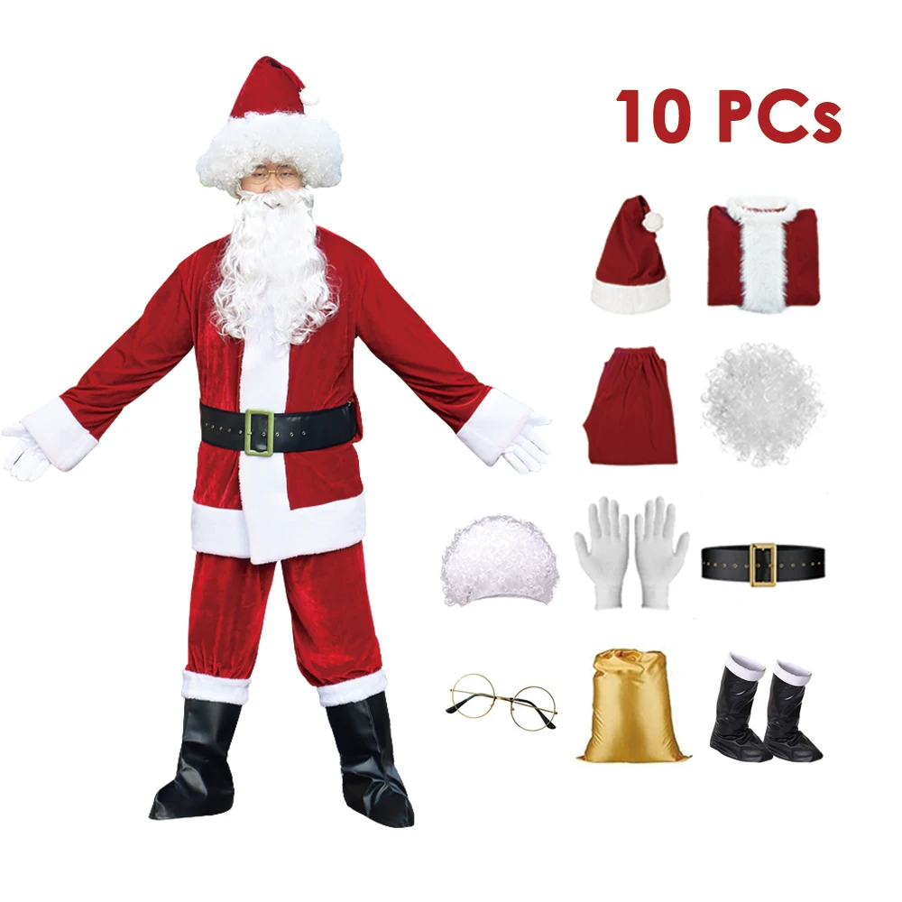 Santa Claus Clothes 6-10PCs New Year Christmas Eve Party Men Santa Velvet Suit Outfit Adults Xmas Cosplay Costume