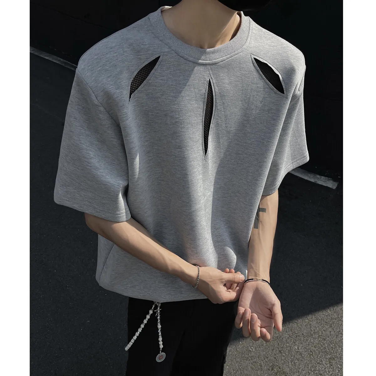 Summer Hollow Mesh T Shirt Men Short Sleeve Patchwork Casual Men Clothing Streetwear 2025 Fashion Camisetas Gray/Black/White