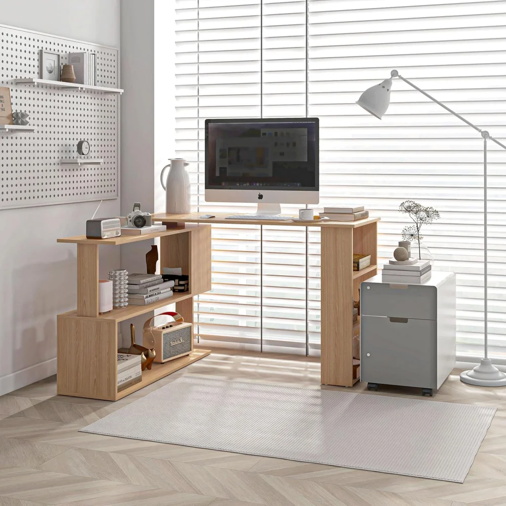 

L Shaped Corner Desk, 360 Degree Rotating Home Office Desk with Storage Shelves, Writing Table Workstation