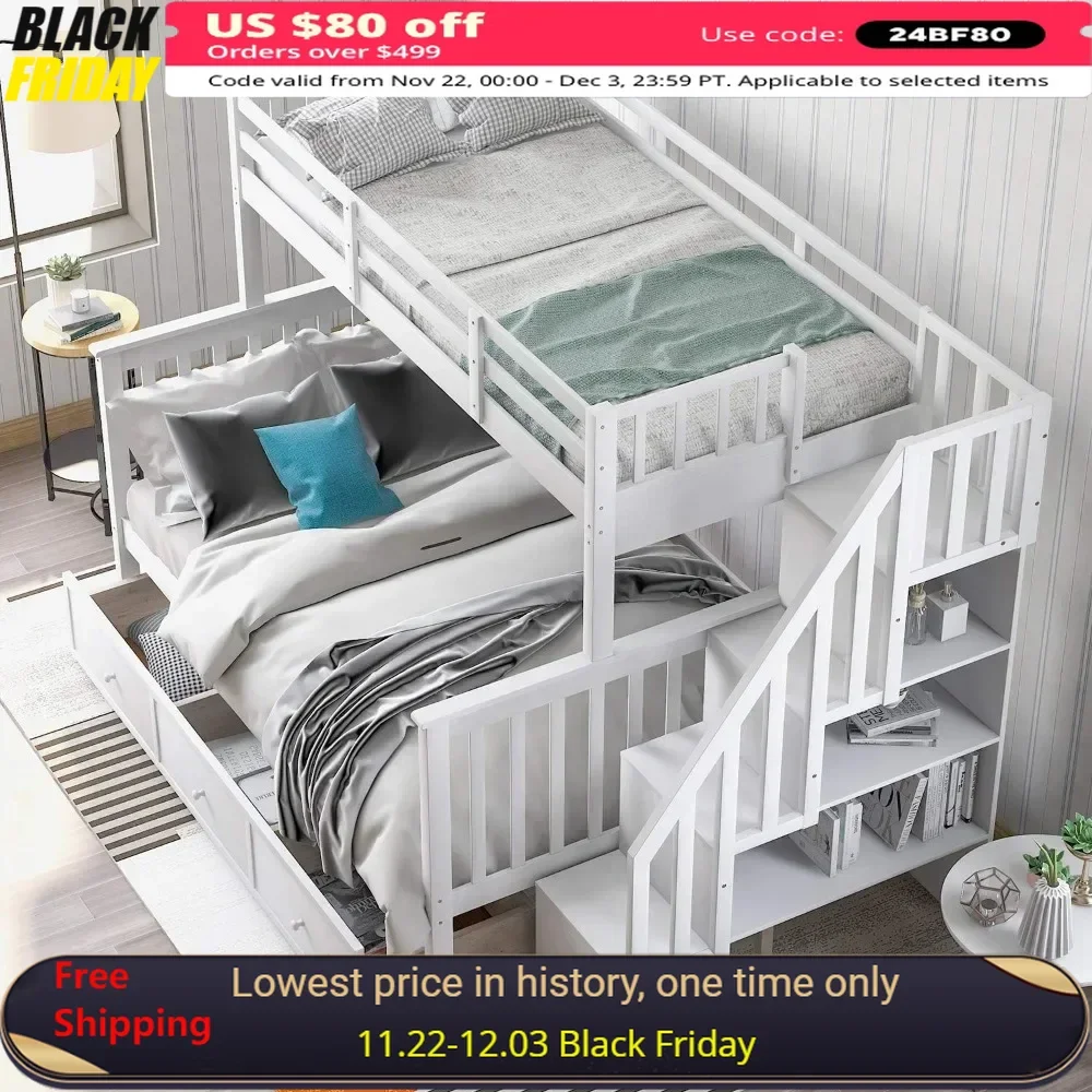 

Bunk Bed, with Drawer,4 Storage and Guard Rail,for Bedroom, Dorm, for Family,Teens,Wood Bunk Bed Frame