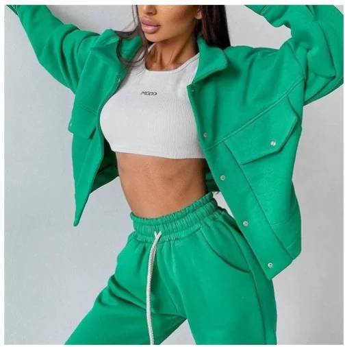 Women Two Pieces Pant Sets Single Breasted Jacket Solid Coat Drawstring Pants Suit Thick Warm Jackets Casual Lady Regular