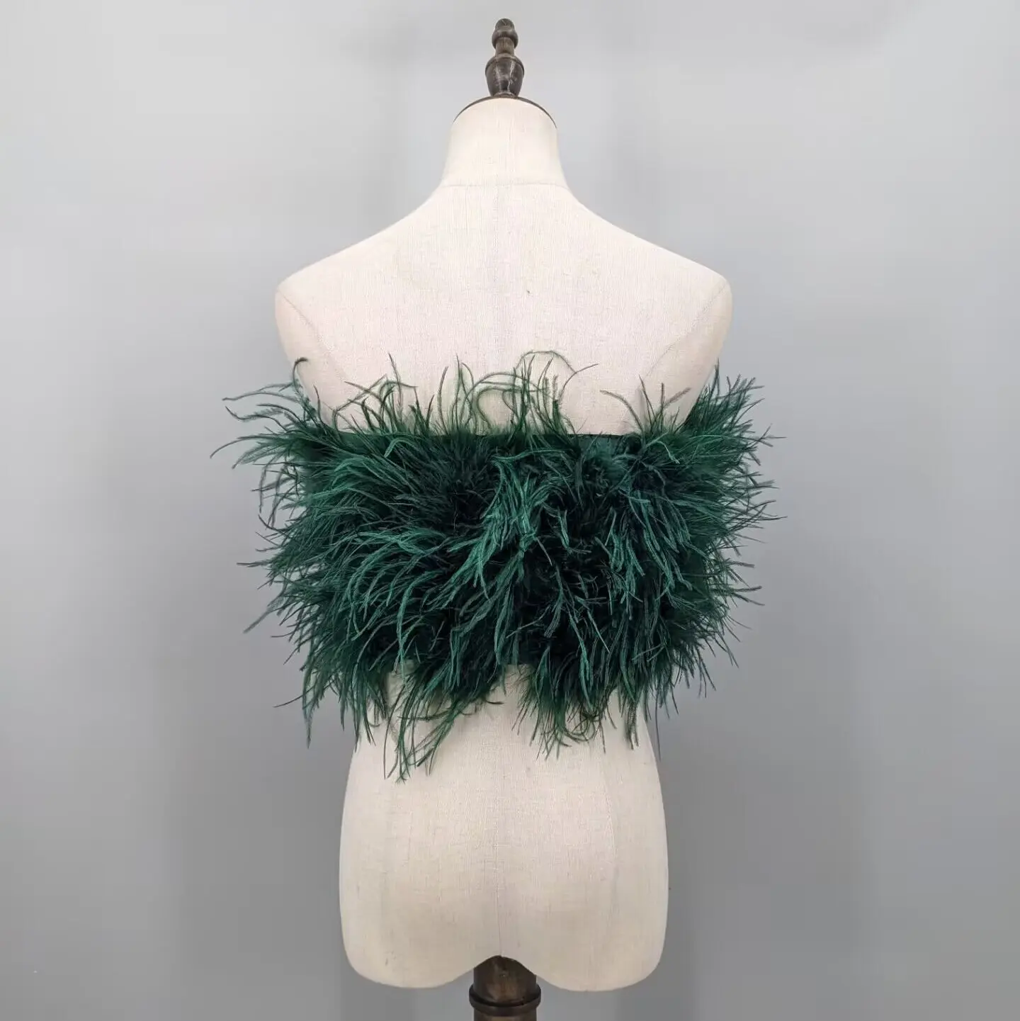 Women Dark Green Real Ostrich Feather Strapless Tube Top Off Shoulder Fluffy Crop Bustier Wedding Party Banquet Club Top 22A0618