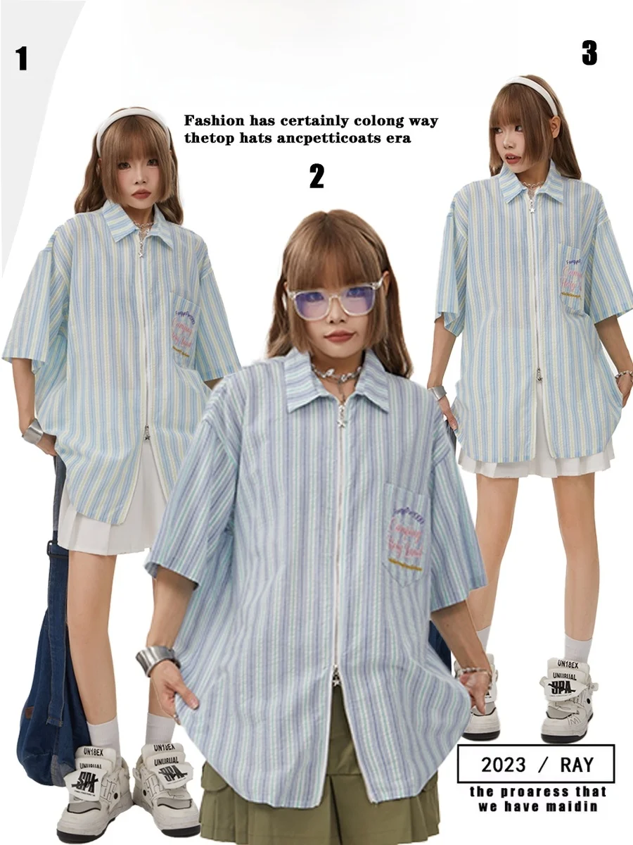 

Sweet American Striped Embroidery Short Sleeve Casual Shirt Women's Mid-Length Summer Sun Protection Shirt Loose Fit Regular ...
