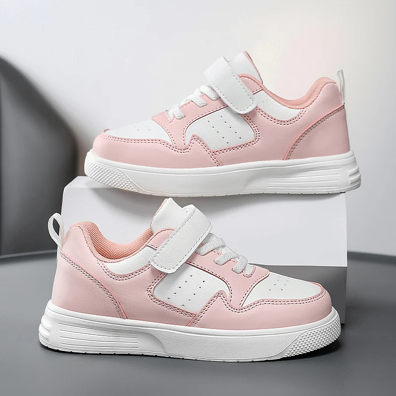 A pair of children's velcro leather board shoes, spliced smooth upper flat non-slip thick sole daily campus casual shoes TL-1868