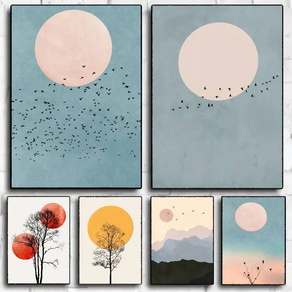 Moderne minimalistische Boho-Stil-Poster mit Bäumen, Vögeln, Sonne, Landschaft, klassische Vintage-Poster, Whitepaper-Drucke, Kunstwerke, Kawaii-Raumdekoration