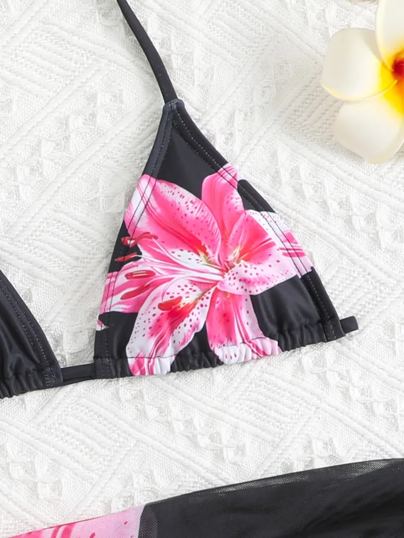 UNITIM Bikini-Anzüge für Mädchen im Alter von 7 bis 16 Jahren, zweiteilige Badeanzüge mit Blumenmuster für den Sommer, Bikini-Badebekleidungsset für Teenager-Mädchen, 3-teilige Badeanzüge – Detail 3