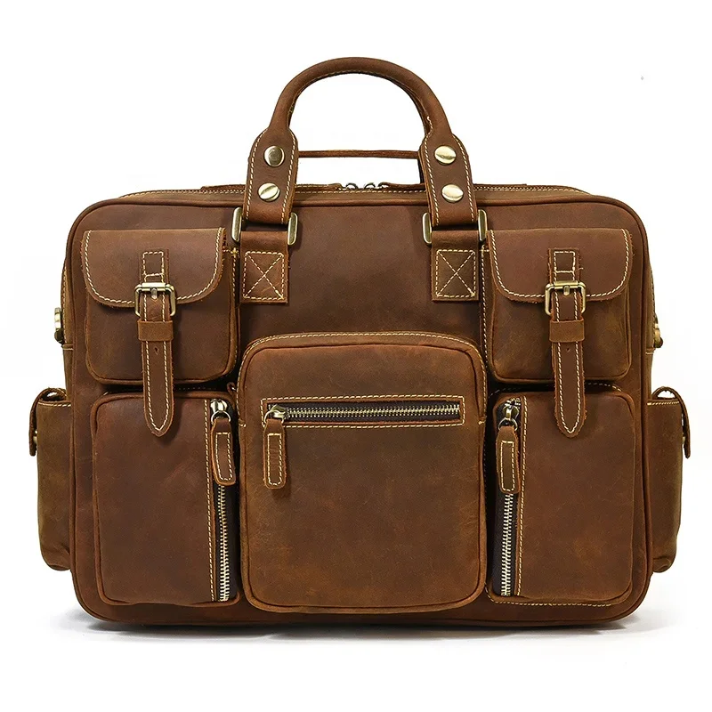 

Men Crazy Horse Leather Briefcase Large Cow Leather Travel Bag Vintage 16" Genuine Leather Business Bag Luggage Duffle