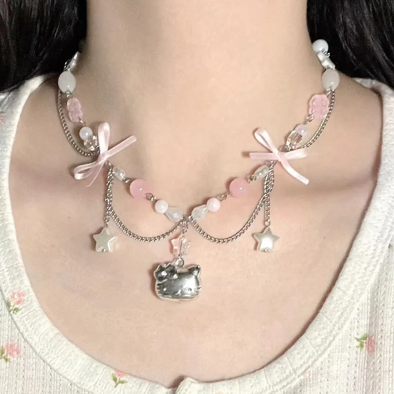 Sweet Hellos Kittys Bow Beaded Double Necklace for Women Cute New Kawaii Girl Heart Star Fringe Collarbone Chain Birthday Gift