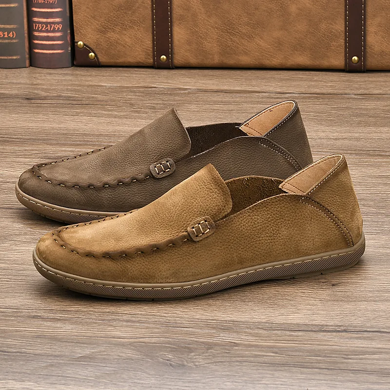 First Layer Cowhide Lazy Beanie Shoes Men's Retro Leather Casual Leather Shoes One Pedal Driving Shoes Soft-soled Loafers