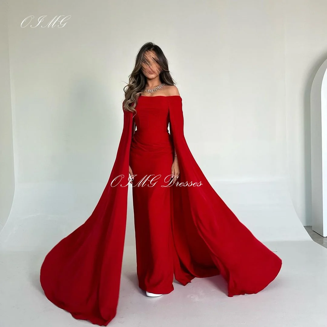 

OIMG Saudi Off the Shoulder Satin Sheath Prom Dresses wtih Cape Sleeves Red Vintage Simple Evening Gowns Formal Party Dress