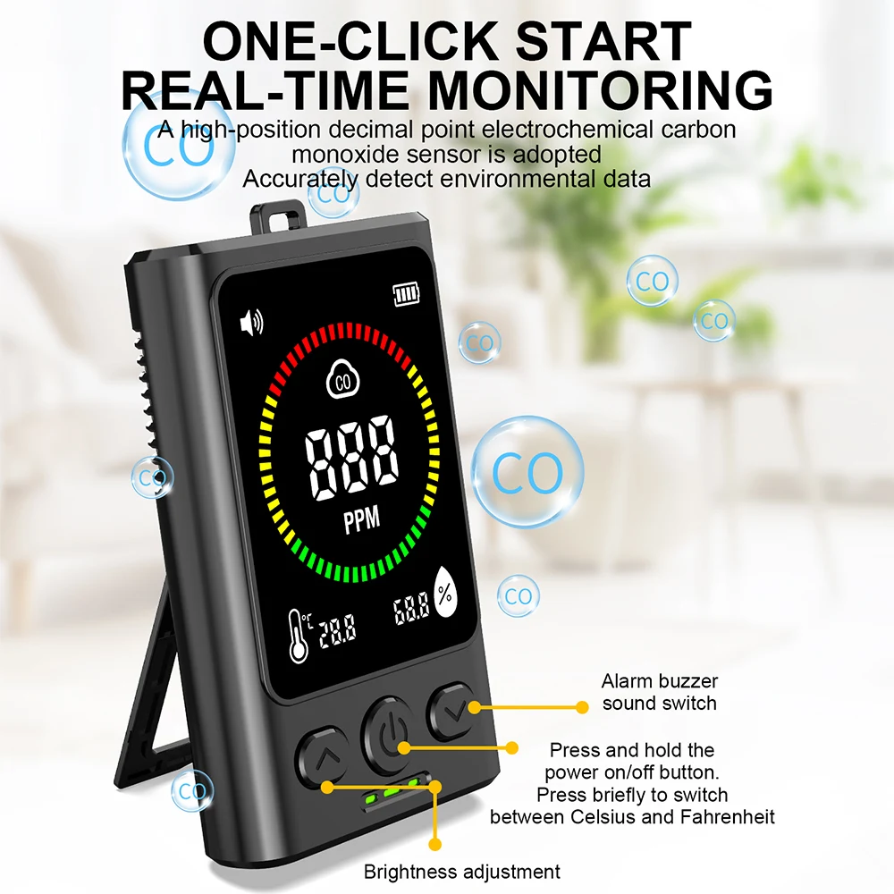 Carbon Monoxide Detector 3-in-1 CO Monitor Temperature and Humidity Tester Portable Digital CO Concentration Detector for Indoor