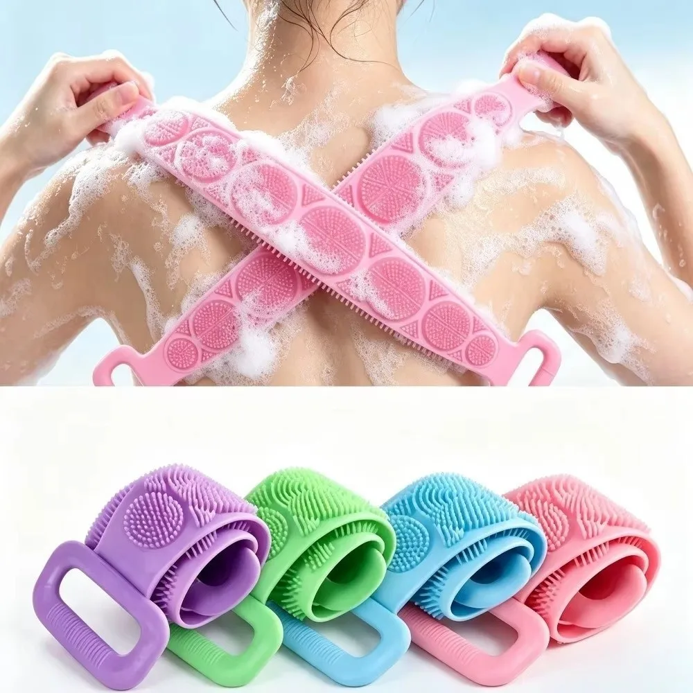 Double-Sided Silicone Body Scrubber Long Strip Back Reaching Bath Brush Flexible Non-Slip Grip Exfoliating Bath Towel