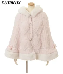 Japanese Style Sweet Soft Glutinous Thick Single-Breasted Sweater Double-Layer Large Ribbon Design Hooded Knitted Clock