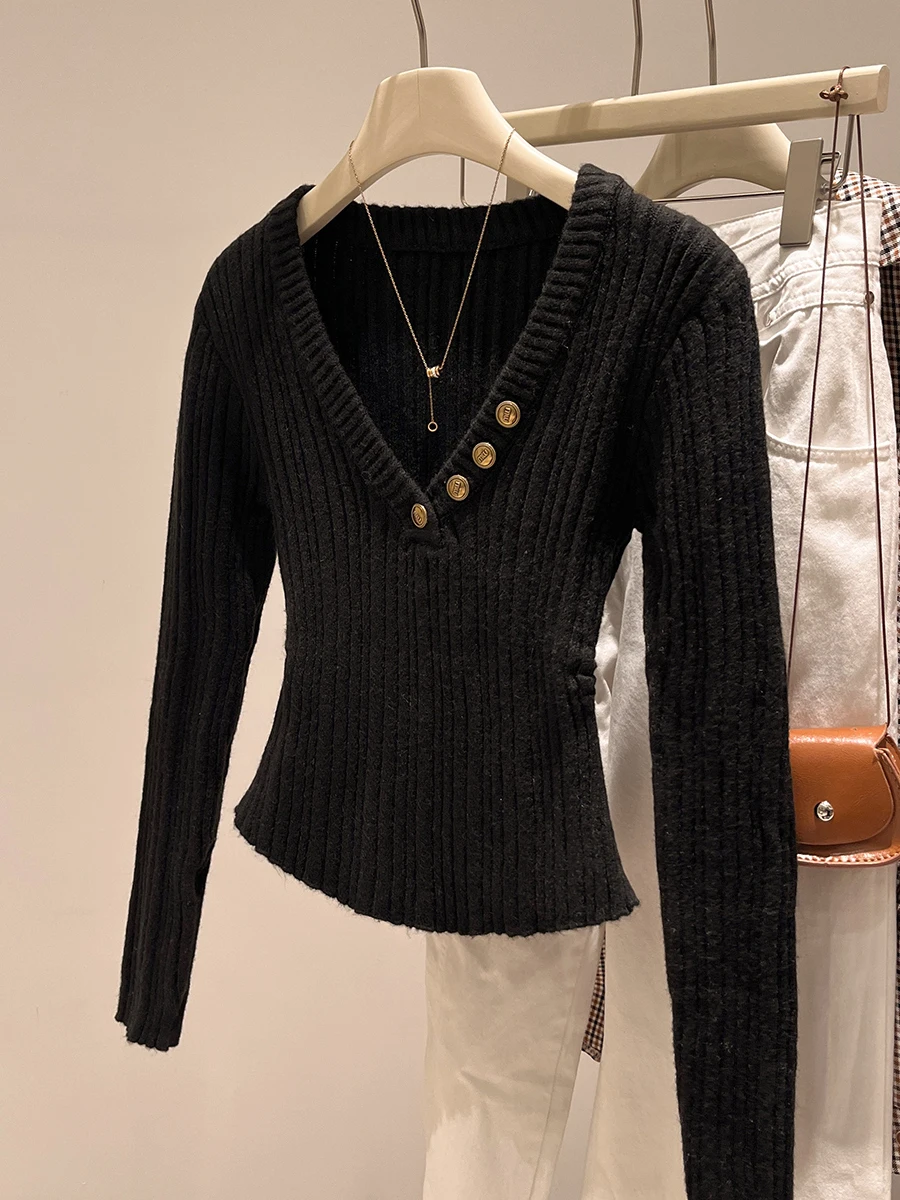 

Women's Long Sve Knitted Base irt V-Ne Button up Slim Fit Inner Wear Fitted Top Spring Autumn Winter Korean Sle