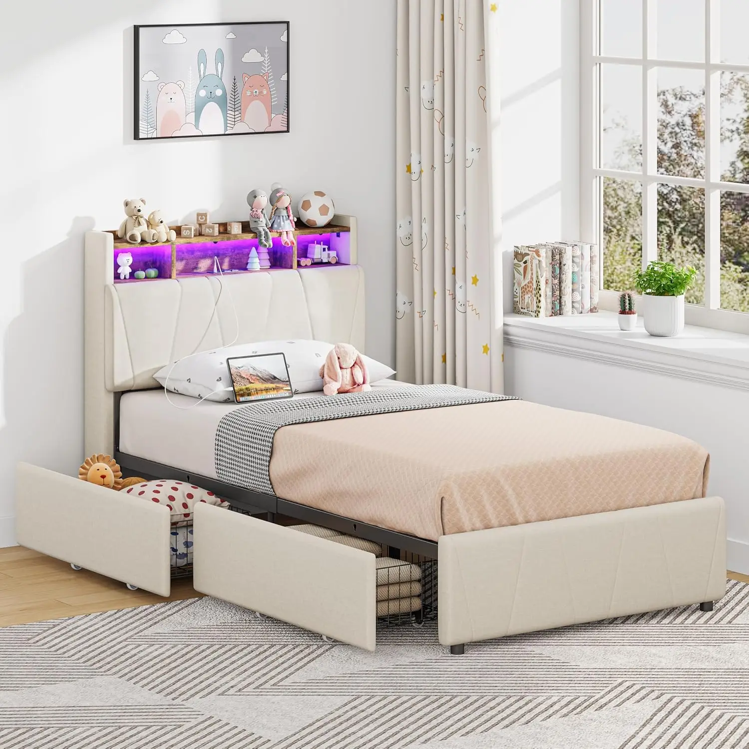 LIKIMIO Twin Bed Frame with 2 Drawers, Charging Station & LED Lights, Beige, Customized