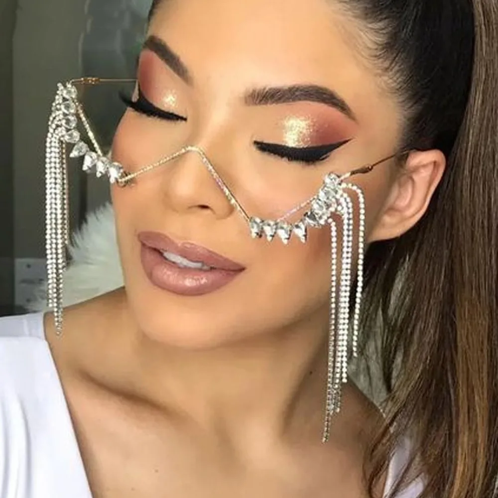 Tassel Glasses for Women Crystal No Lens Glasses Fringe Face Jewelry Statement Eyewear Party Stage Halloween Costume Accessories