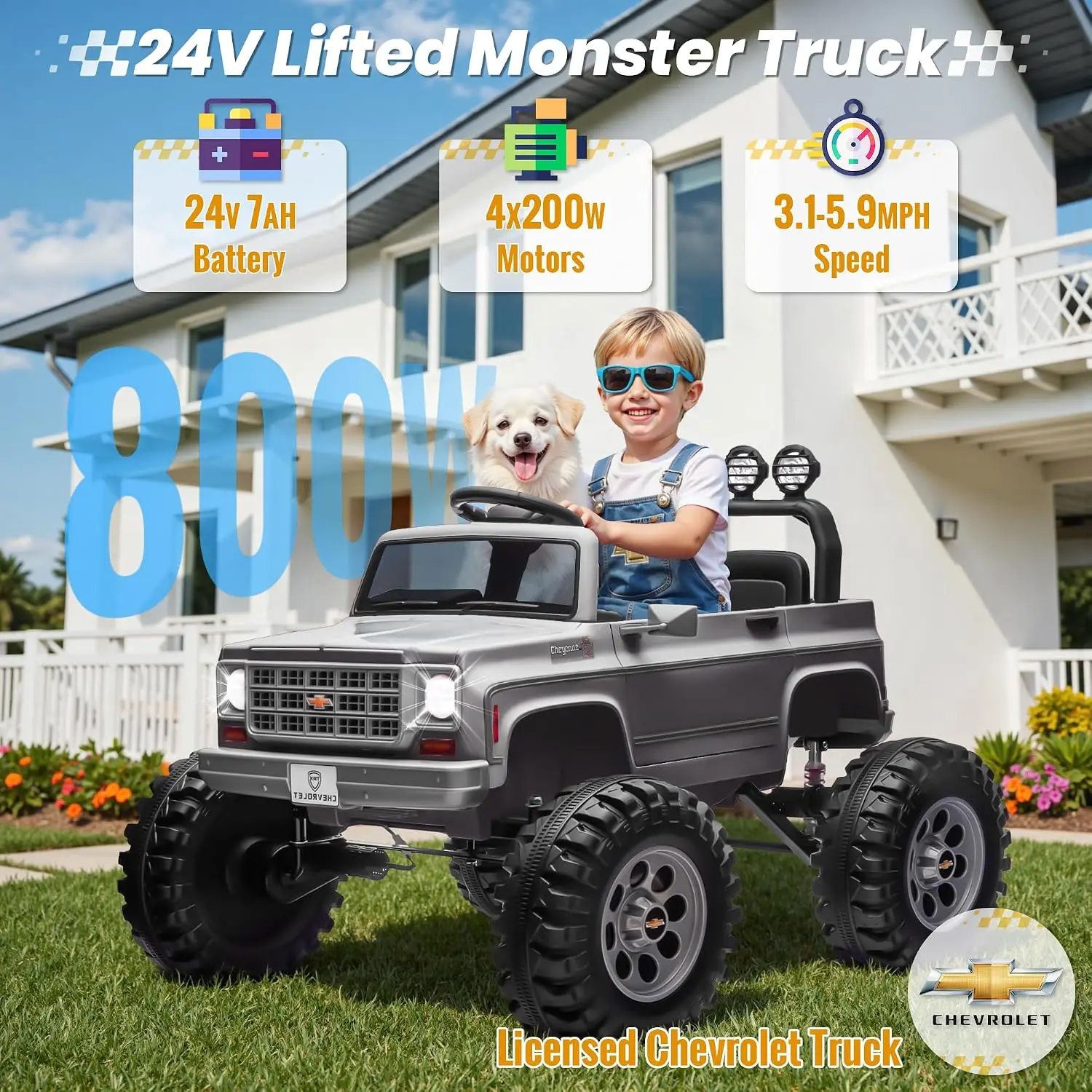 24V Ride On Car Licensed Chevrolet Cheyenne Truck 4X200W Motors Remote Control Decoration Streamer 24 Volt Ride On Toys Power Bi