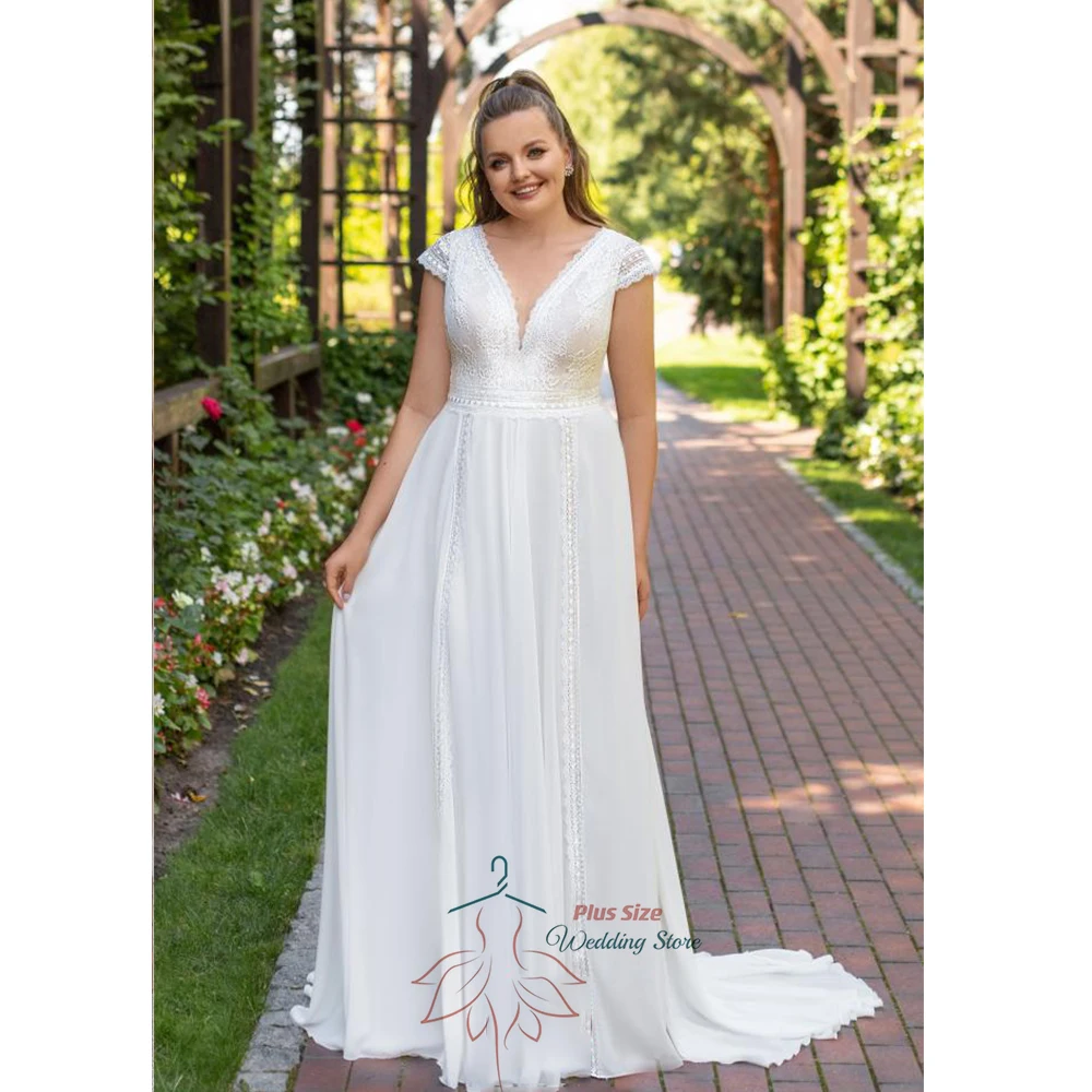 Vestido de novia clásico de talla grande para mujer, vestidos de novia con cuello en V, manga corta, Espalda descubierta, línea A de gasa, tren de barrido