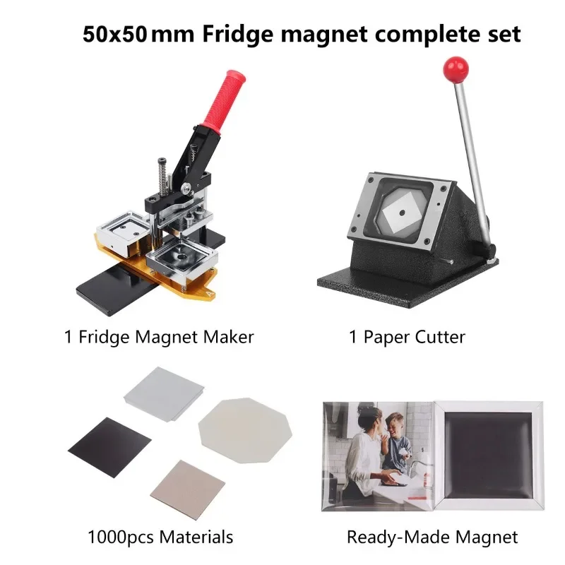 50x50mm/63.5x63.5mm Square Fridge Magnet Badge Press Machine Complete Set Rotary Metal Sheet with Cutter and 1000 Magnet Parts