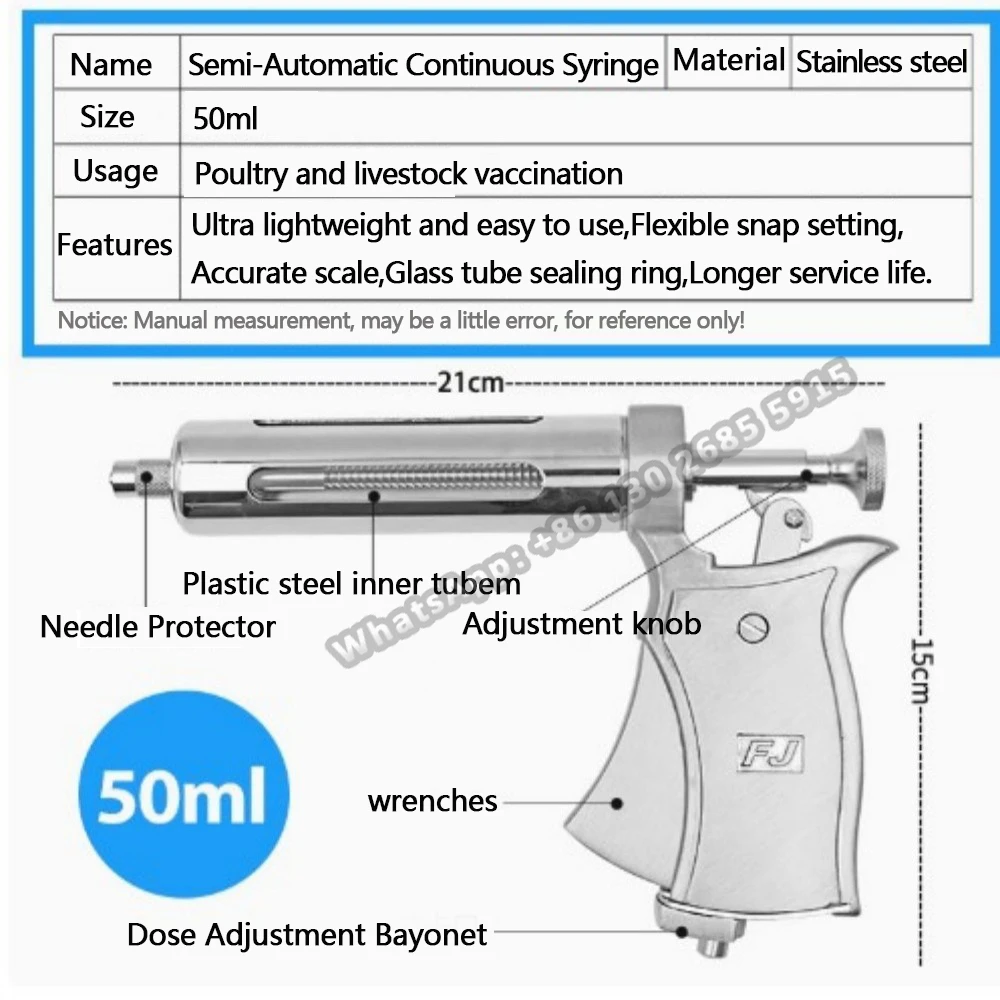 Jeringa de inyección continua de animales veterinarios, pistola de vacunación automática de acero inoxidable de 10/20/30/50ml para vaca, cerdo y oveja, 1 ud.