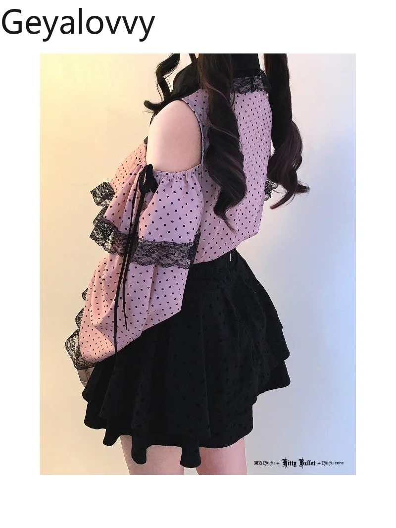 

Оригинальные топы с длинными рукавами в горошек и пряжкой в форме сердца, универсальная блузка для милых девочек, кружевная свободная рубашка с открытыми плечами