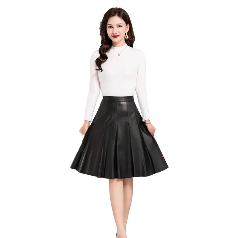 

Юбка из натуральной овечьей кожи, женская повседневная юбка-миди трапециевидной формы, юбка-зонтик с высокой талией и широкими штанинами, однотонные шикарные офисные юбки