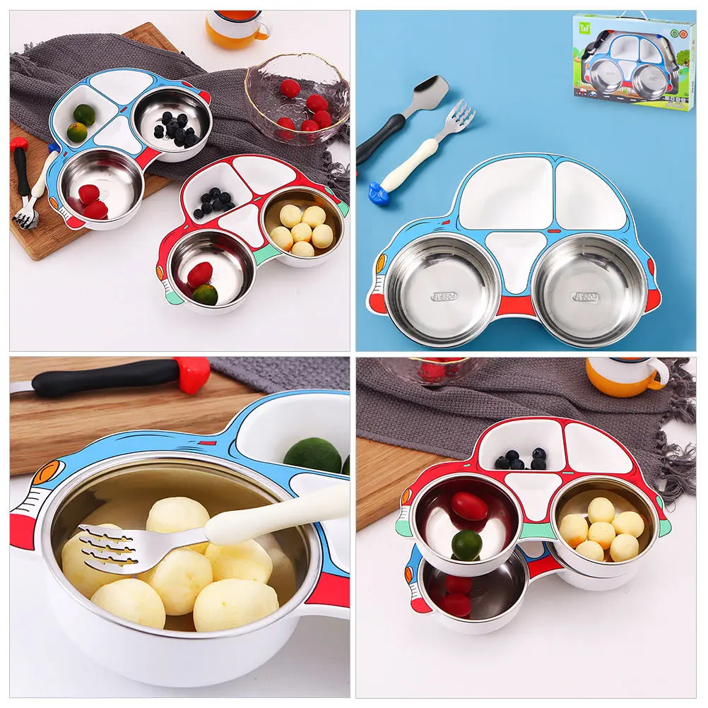 

1 комплект, детская тарелка в форме автомобиля с героями мультфильмов, противоскользящая секретная детская миска, вилка, ложка, набор для кормления из нержавеющей стали для малышей