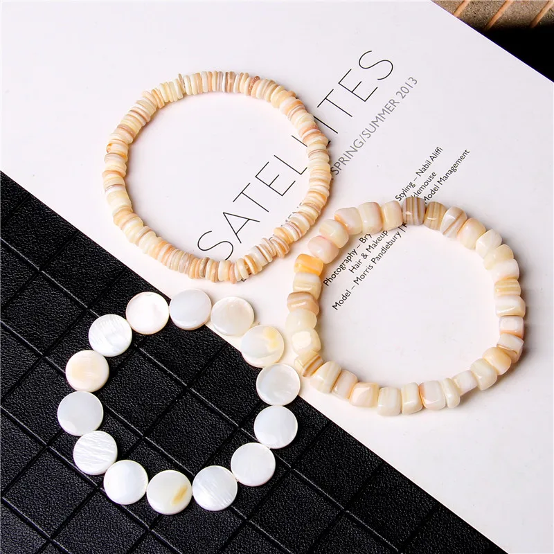 Natural Shell Stone Beads Bracelet Round Square Shell Bracelet Handmade Sequins Charm Bracelets Men Women Summer Beach Jewelry