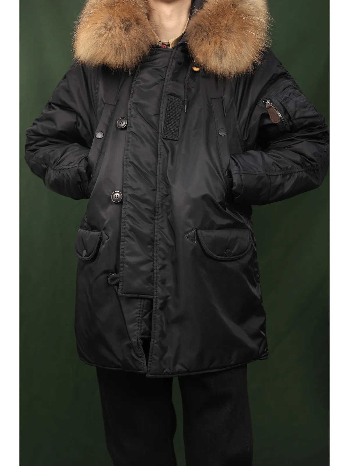 N3B Parka Mid Long Hooded Cotton Parka Flight Jacket Warm Winter Coat Detachable Raccoon Fur Collar