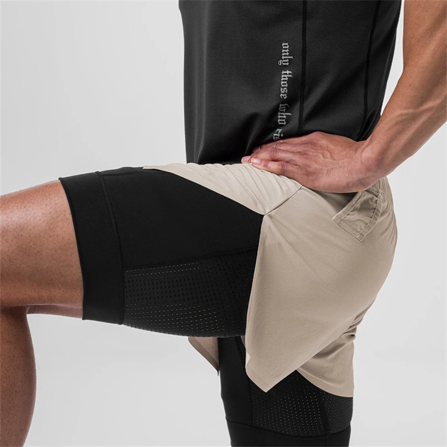 2023 Summer New Men Shorts 2 in 1 sport shorts Gyms Fitness Bodybuilding Workout Quick Dry Beach Shorts Male Running shorts men