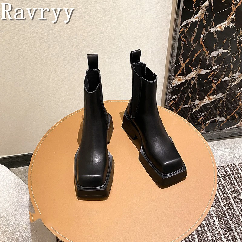 Genuine Leather Women's Elevated Short Boots Square Toe Waterproof Platform Thick Heels Chelsea Boots Female Trends Ankle Boots