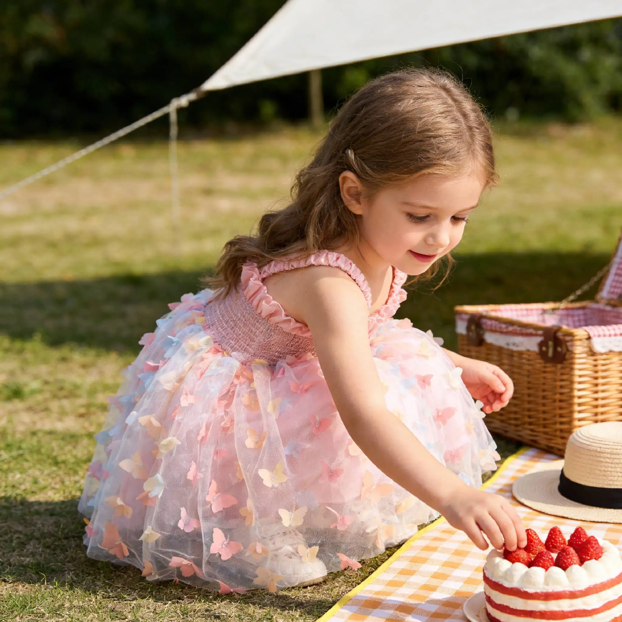 

2025 Baby Girl Party Princess Dress Summer Toddler 3D Fairy Butterfly Wings Hanging Strap Mesh Cute Fashion Dress for Eid