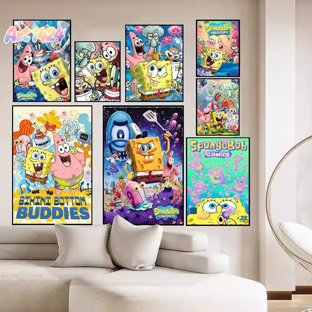 Niedliche Cartoon-SpongeBob-Drucke und Poster in guter Qualität, Vintage-Dekoration für Zimmer, Haus, Bar, Café, Ästhetische Kunst-Wandmalerei