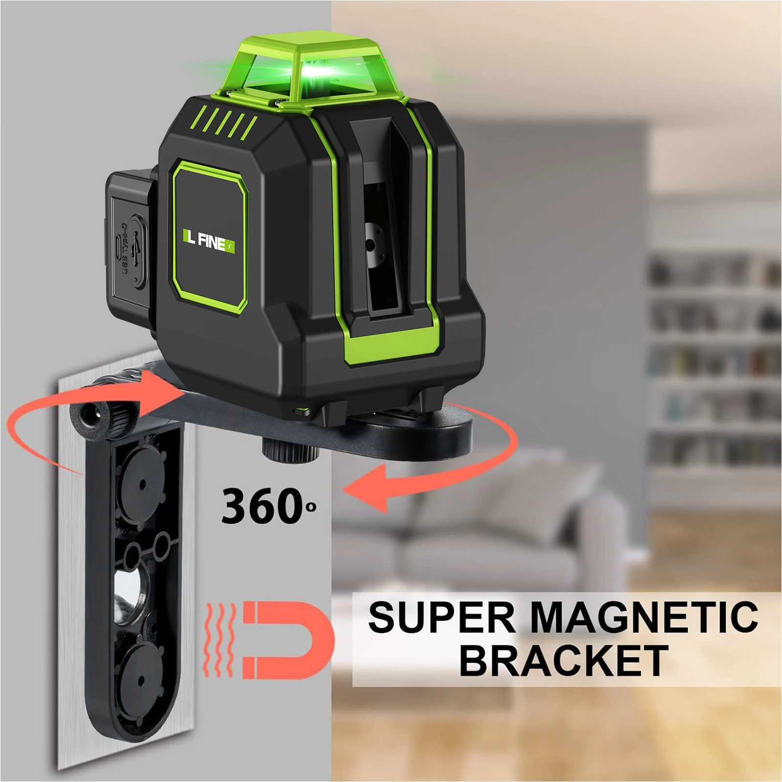 LFINE 5 Lines Professional Laser Level automatic 360° Self-Leveling Green Cross Line Laser with Horizontal Vertical Beam Tools