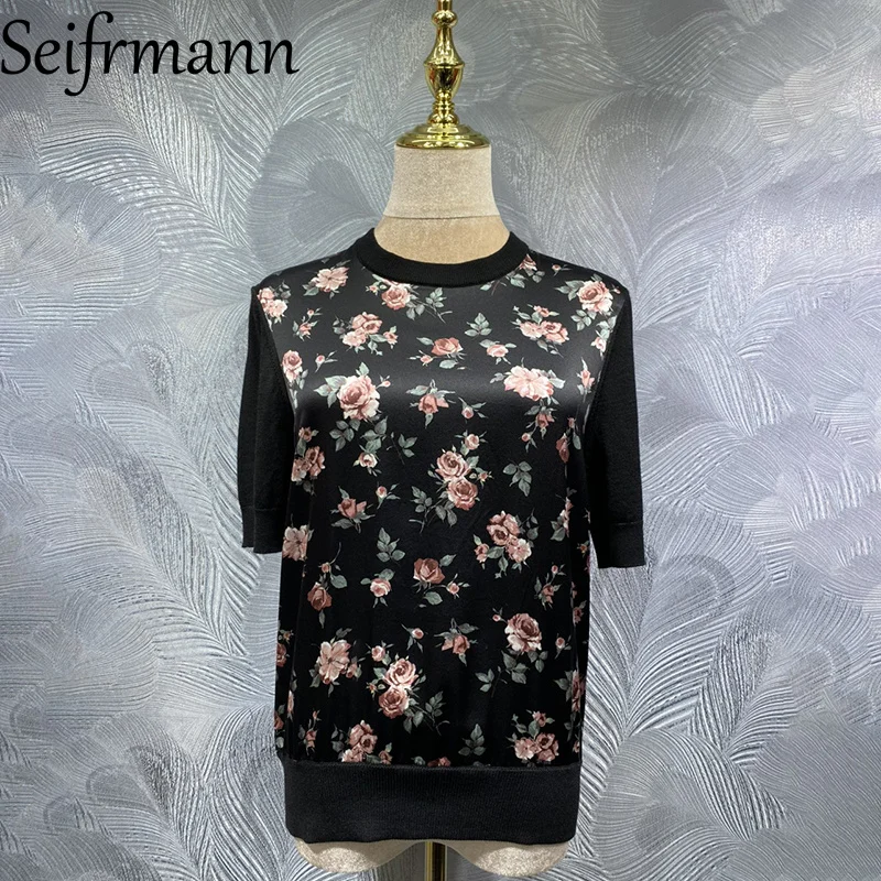 

Seifrmann 2026 Весенняя женская новая модная одежда: Трикотажный шелковый топ с круглым вырезом, коротким рукавом и принтом
