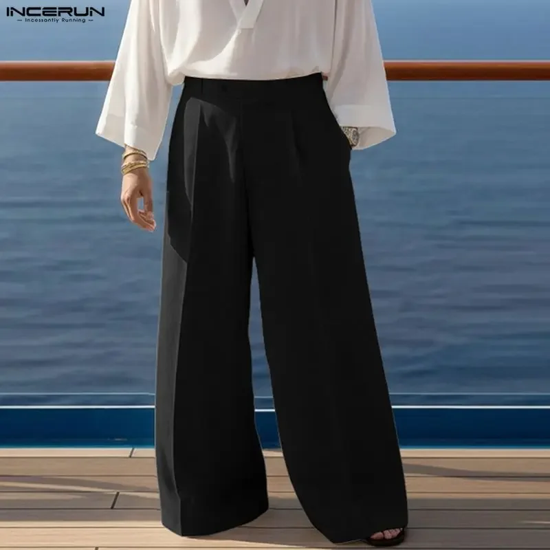 INCERUN Men Pants Solid Color Button Joggers Baggy Casual Wide Leg Trousers Men Streetwear 2026 Loose Fashion Male Long Pants view 3