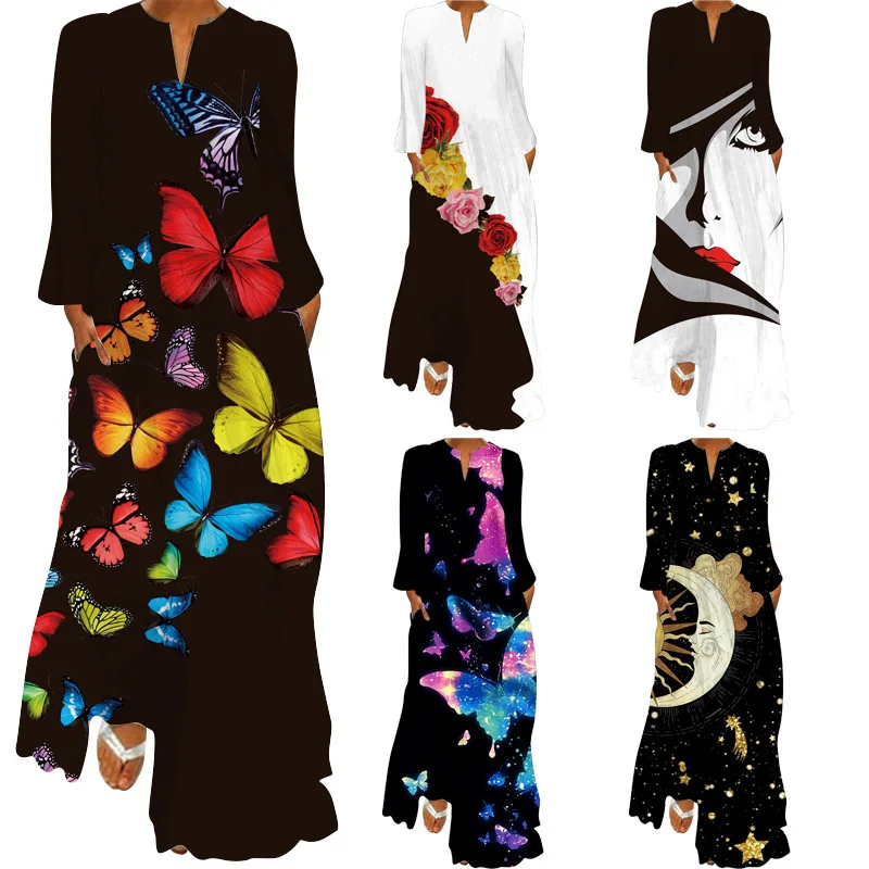 

2025Popular European American Summer New Women's Vintage Print Maxi Dress VCollar Long Sleeve Pocket Summer Dress