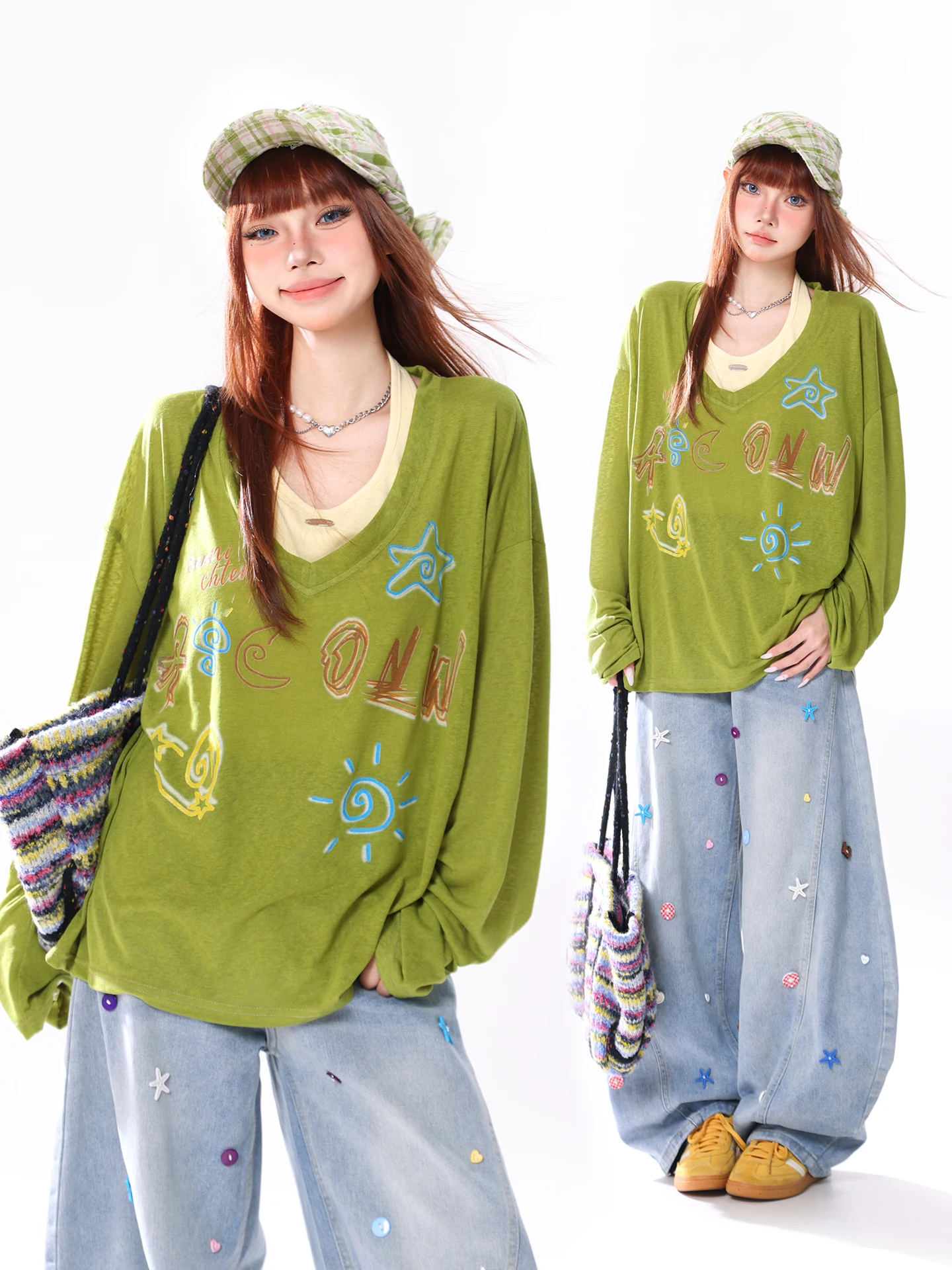 

Новинка Весна-Лето: Комплект женской одежды — футболка оверсайз с длинным рукавом цвета авокадо и повседневный свободный жилет в стиле «ленивый шик»