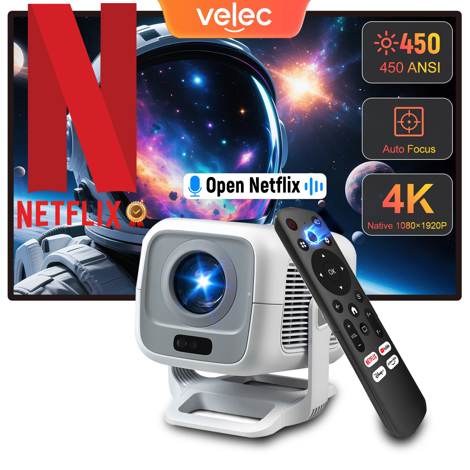 Мини-проектор Velec 4K, сертификация Netflix, 450ANSI 1080P, Android 11, автофокус, умный домашний кинотеатр, портативный уличный проектор