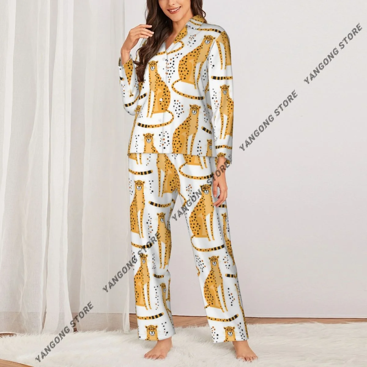 Women Sleepwear Loungewear Cheetahs The Cat Family Savannah Animal Long Sleeve Lapel Neck Shirt Elastic Waist Pants Pajamas Set