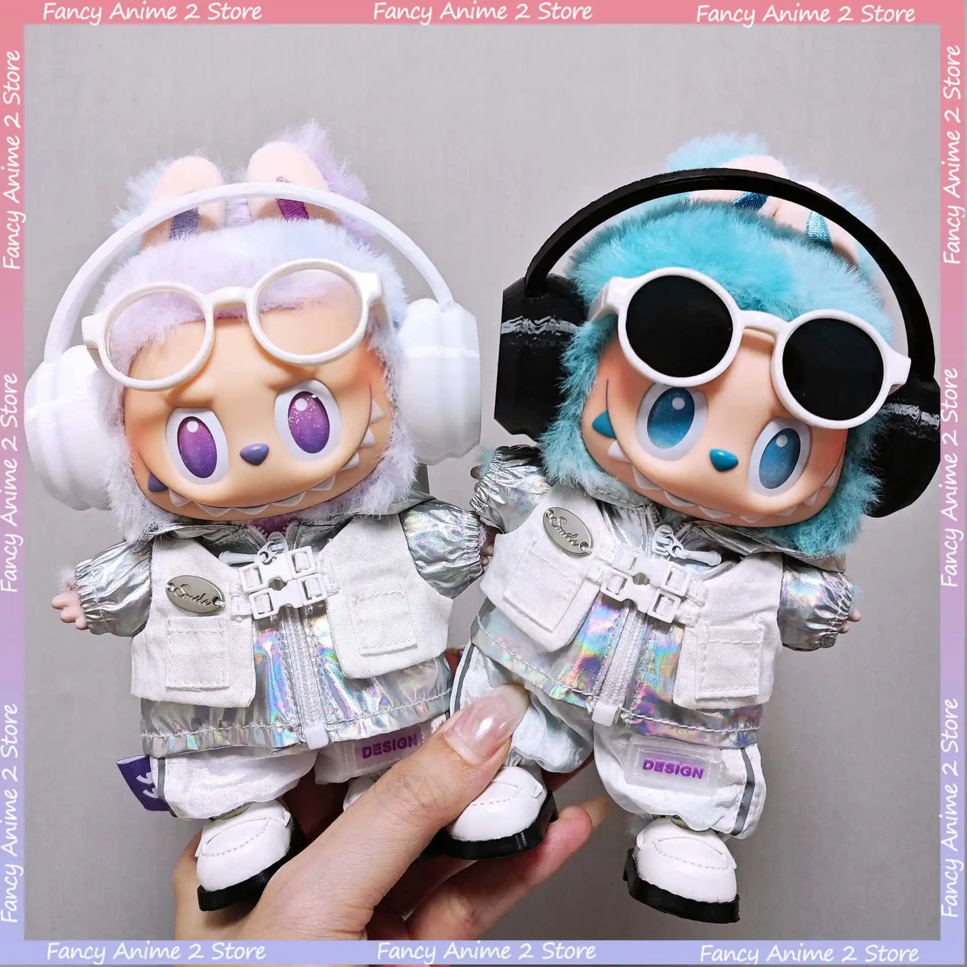 

Silver Windbreaker Coat-style Jacket Pant Glasse Headphone Set for 15cm/17cm Labubu Doll Clothes Outfit Fashion Accessories Gift